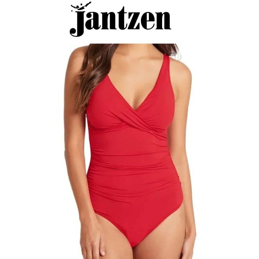 🆕️ Jantzen Solid Surplus Red Women's One-Piece Swimsuit sz 14